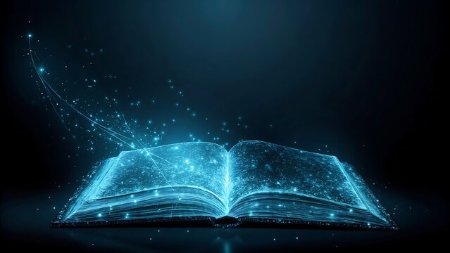 Open book emitting glowing blue particles against a dark background with light trails