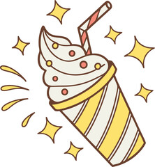 Illustrated cartoon image of a delicious ice cream soda in a striped cup with decorative starbursts.