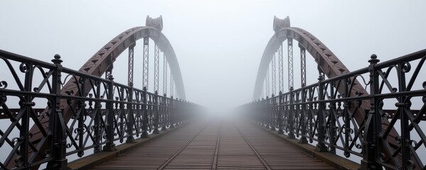 A foggy day captures an old, ornate iron bridge with wooden planks extending into a misty unknown.