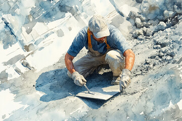 Watercolor Painting of a Construction Worker Laying Tiles Outside Under the Sun Light