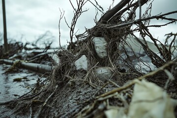 Close-Up of Storm Debris and Mud Entangled in a Torn Wire Fence After a Hurricane, Hyper-Realistic Post-Disaster Environmental Scene Captured in High Detail