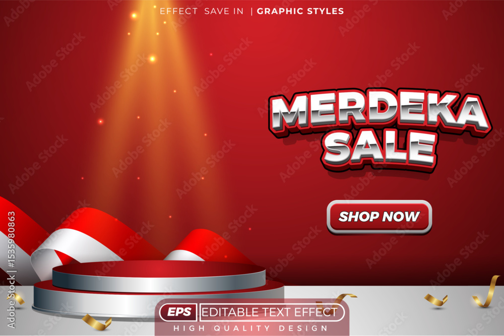 Poster editable 3d vector text effect merdeka sale with shop button for website