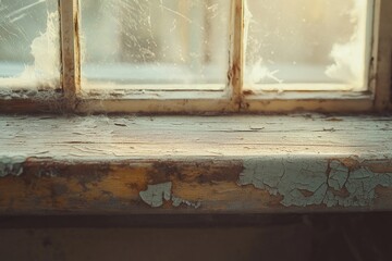 Highly realistic macro of cracked and peeling lead paint on an old wooden windowsill with fine dust particles and textured surface – environmental health and housing safety visual detail
