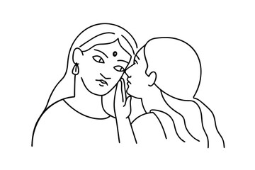 Two women whispering secret continuous line art drawing