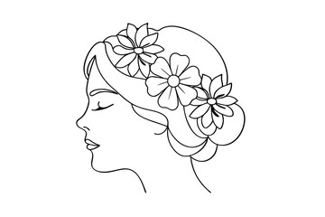 Woman profile continuous line art floral headband design