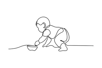 Baby crawling towards bowl continuous line art illustration