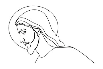Continuous line art drawing of jesus christ head and shoulders