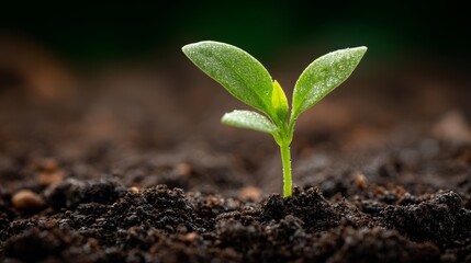 Fototapeta premium Green seedling sprouting from soil macro