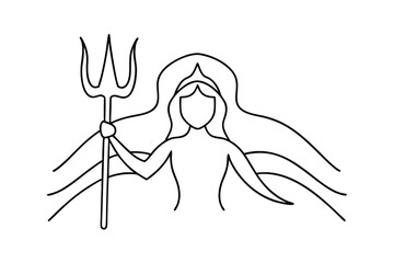 Continuous line art drawing of a sea goddess with trident
