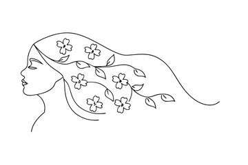 Woman profile continuous line art floral hair design
