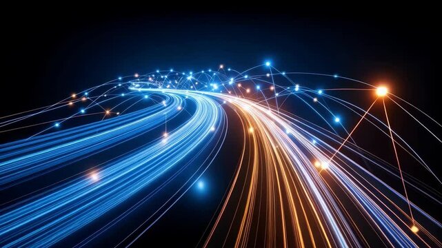 Network data streams with connected dots and lines flowing in parallel futuristic paths with neon lights and dark background.