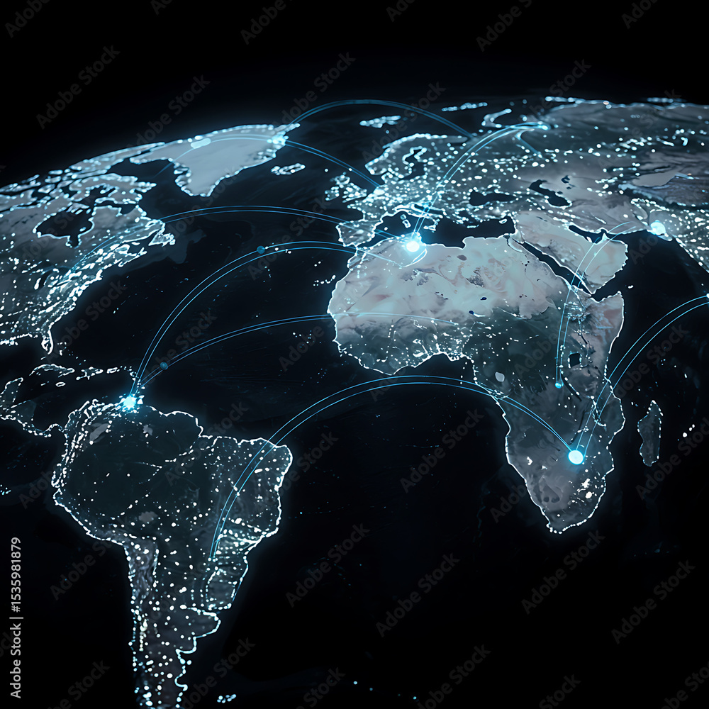 Poster a world map at night with glowing lights and lines connecting major cities. a concept of global netw