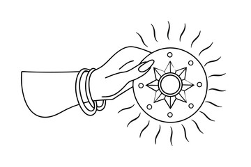 Ornate hand holding sun mandala continuous line art illustration