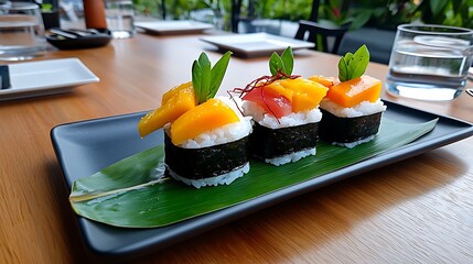 Exotic Sushi with Mango and Tuna on Leaf Plate
