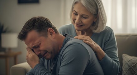 Fototapeta premium Emotional support between a man and a woman during a heartfelt conversation in a cozy living room