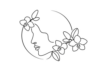 Elegant woman profile continuous line art with orchids