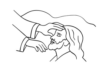 Continuous line art drawing of hands blessing a person