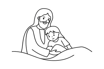 Jesus christ embracing a little girl continuous line art illustration