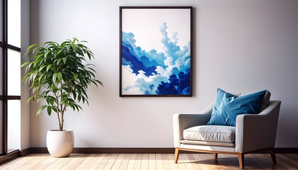 a armchair with a picture frame on background wall and plant, living room interior design. 