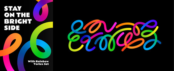 Abstract Line Pattern. Color Gradient Wave Shapes on Black Background. 3D Vector Curve Graphic. Wavy Rainbow Ribbons Poster.