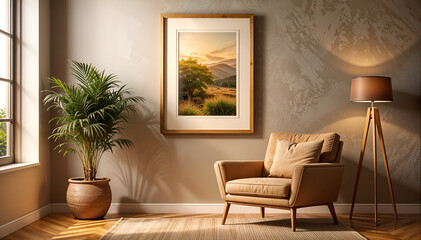 a armchair with a picture frame on background wall and plant, living room interior design. 