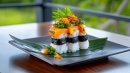 Sushi Tower with Mango Topping on Black Plate