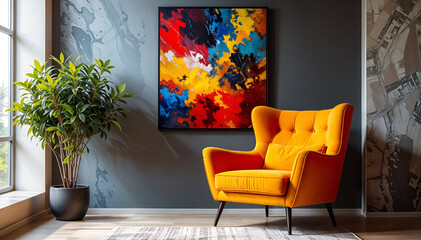a armchair with a picture frame on background wall and plant, living room interior design. 