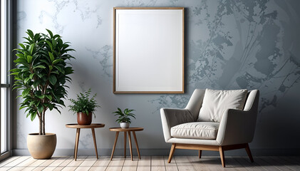 a armchair with a picture frame on background wall and plant, living room interior design. 