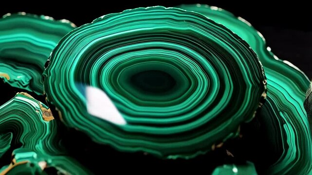 Close-up shot of polished malachite slice displaying concentric bands and intricate patterns in vibrant shades of green and black stone.