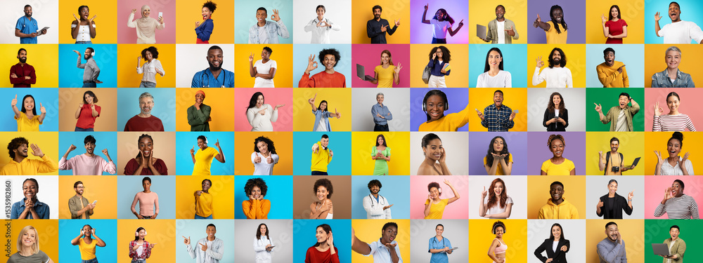 Poster A vibrant collage features a diverse group of individuals from various backgrounds. Each portrait captures joyful expressions and dynamic gestures against colorful backdrops.