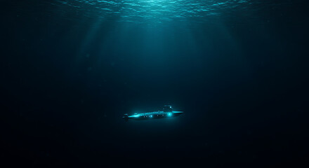 A small submarine or autonomous underwater vehicle (AUV) explores the dark depths of the deep sea, with light rays piercing the darkness from above.
