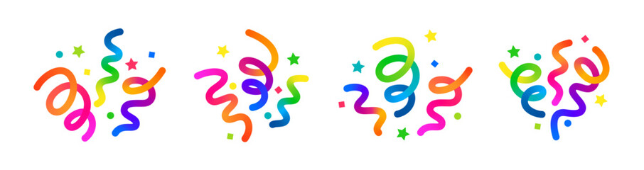 Birthday Confetti on a White Background. 3D Vector Ribbons with a Color Gradient. Illustration of Fireworks with Confetti and Stars.
