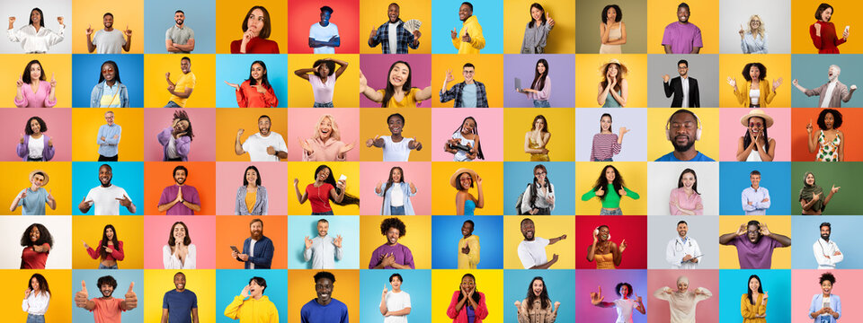 A vibrant collection features a diverse group of individuals showcasing a range of emotions and gestures against colorful backdrops. This collage reflects the beauty of diversity and unity.
