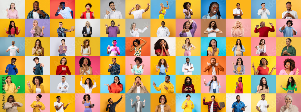 Poster A vibrant collection of portraits features a diverse group of individuals. Each person shows expressions of happiness, capturing a sense of unity and connection among multiracial backgrounds.
