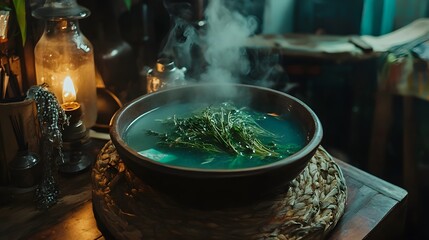Steaming dark teal liquid with vibrant green herbs in a large bowl.