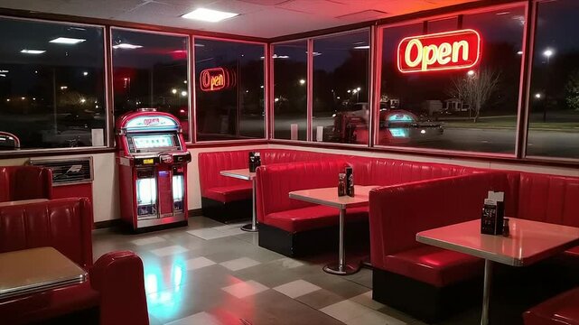 Retro diner interior at night.  Spacious seating area with booths and tables.  Open sign.  Jukebox