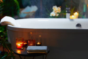 Luxurious Candlelit Bathtub in a Serene Bathroom