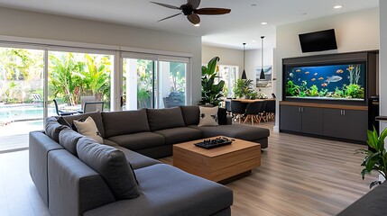Modern Living Room with Fish Tank and Stylish Decor