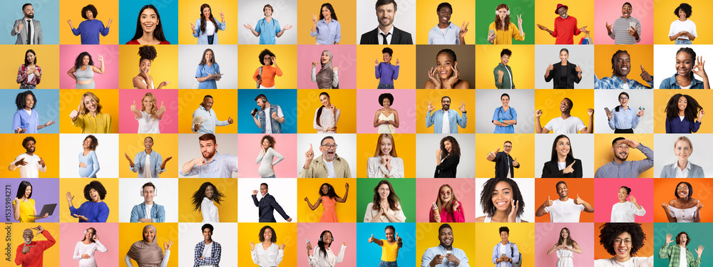 Poster a collection of diverse individuals displaying various expressions and gestures against bright, colo