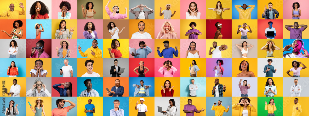 Poster a lively collage features a diverse group of individuals displaying various expressions against colo