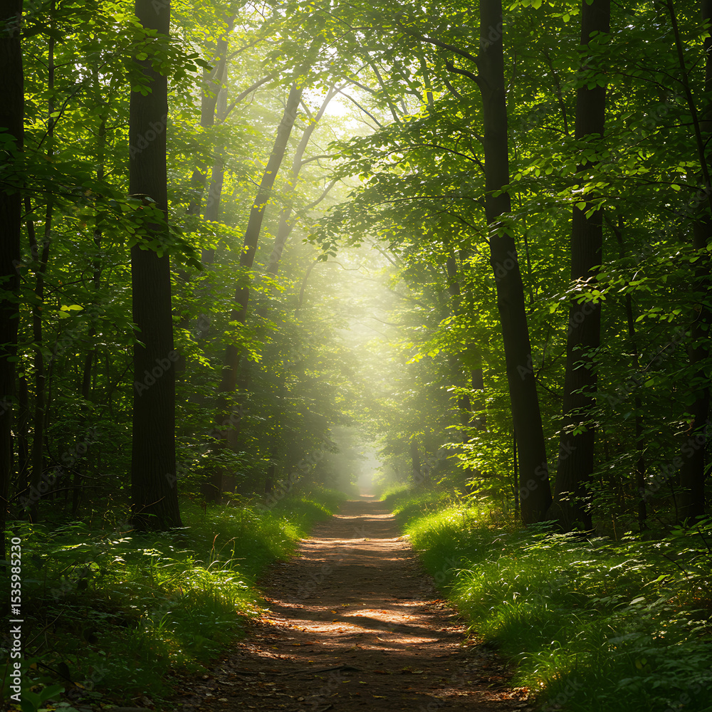 Poster a tranquil path winds through a lush green forest as sunlight streams through the trees, creating a 