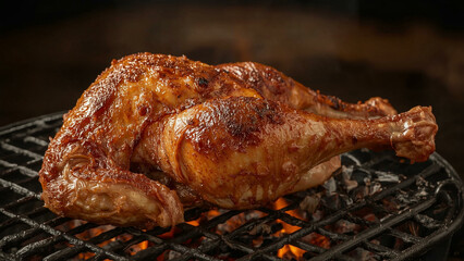 Whole roasted chicken with crispy skin cooked on barbecue grill, golden brown and juicy, delicious meal for summer feasts or parties.