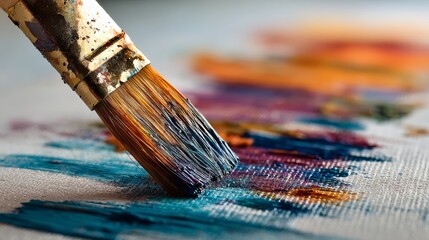 Fototapeta premium Paintbrush creating textured strokes on canvas surface