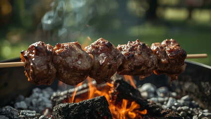 Juicy skewered beef grilling over barbecue coals, smoky and flavorful, cooked outdoors for summer parties and family feasts.