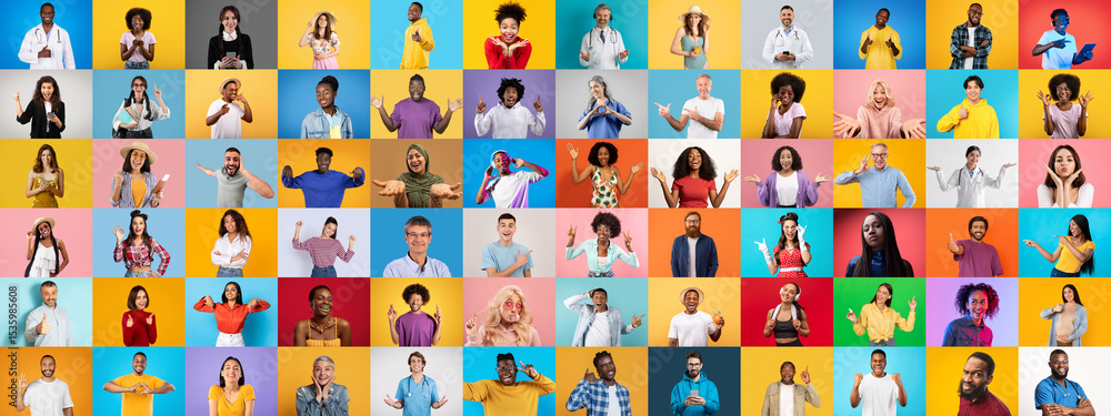 Poster a colorful collection presents a variety of faces from diverse backgrounds, each engaging in lively 