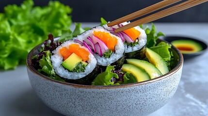 Sushi Bowl Being Picked Up With Chopsticks
