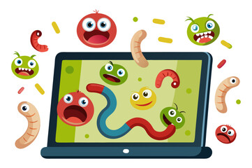 Naklejka premium A laptop screen is overrun with colorful, expressive cartoon viruses and worms, symbolizing a severe digital infection or cybersecurity threat.