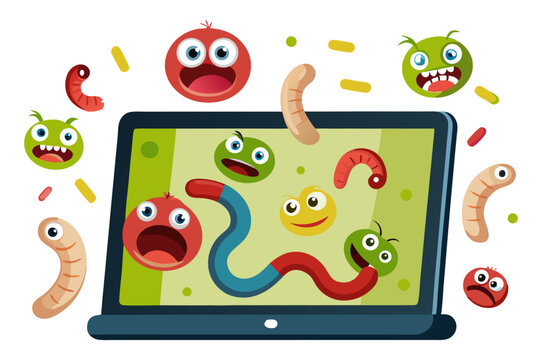 A laptop screen is overrun with colorful, expressive cartoon viruses and worms, symbolizing a severe digital infection or cybersecurity threat.