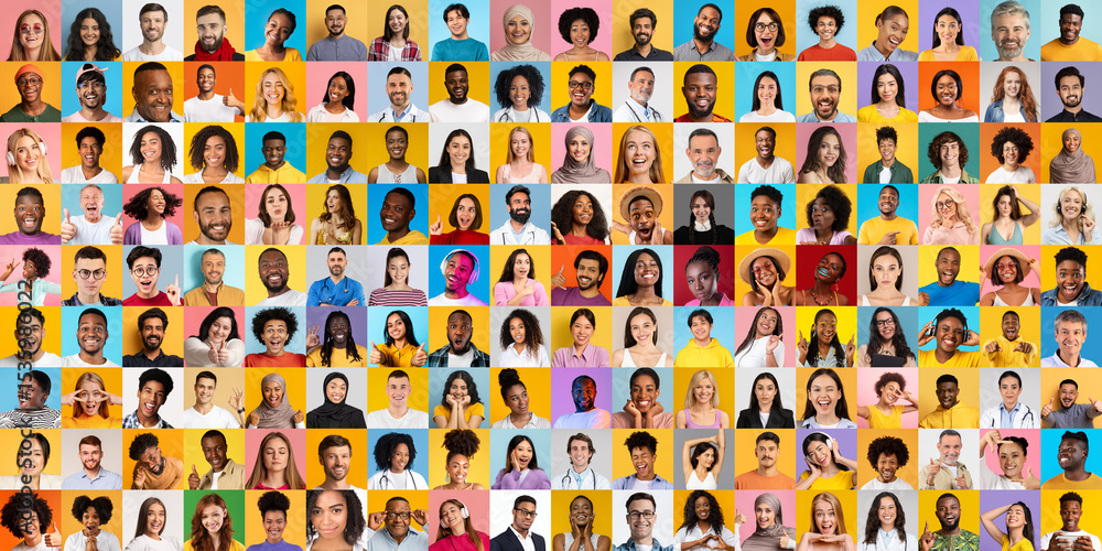 Poster A colorful collection of portraits showcasing people from various backgrounds, representing different lifestyles and cultures. Each face expresses uniqueness and diversity in style and appearance.