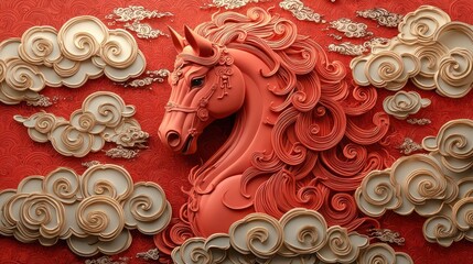 Ornate red horse head, stylized clouds on crimson backdrop